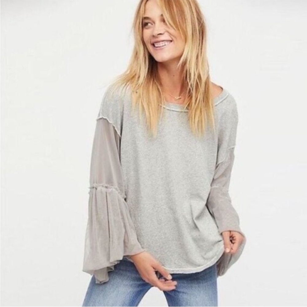 Free People Still Got it Gray Mesh Bell Sleeve Oversized Top Size L.